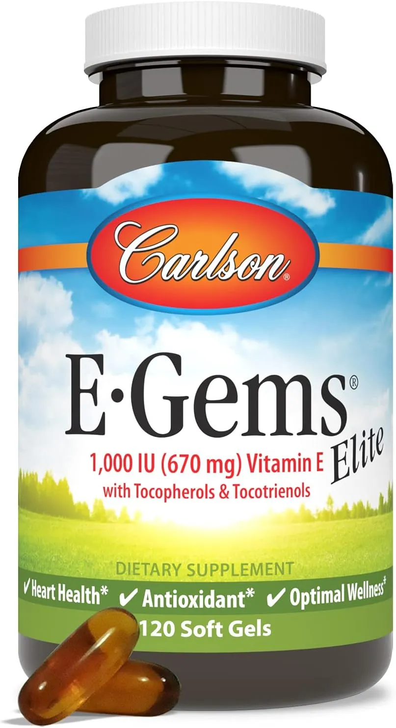Carlson - E-Gems Elite, 1000 IU Vitamin E with Tocopherols & Tocotrienols, Heart Health & Optimal Wellness, Antioxidant, 120 soft gels