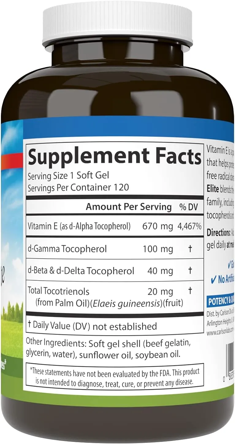 Carlson - E-Gems Elite, 1000 IU Vitamin E with Tocopherols & Tocotrienols, Heart Health & Optimal Wellness, Antioxidant, 120 soft gels