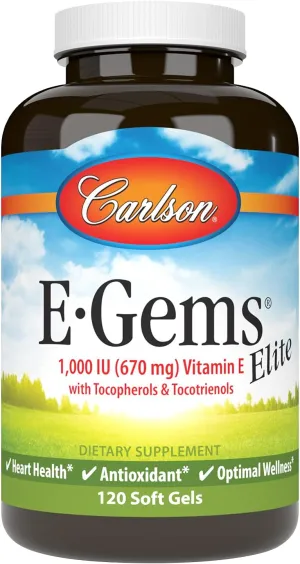 Carlson - E-Gems Elite, 1000 IU Vitamin E with Tocopherols & Tocotrienols, Heart Health & Optimal Wellness, Antioxidant, 120 soft gels