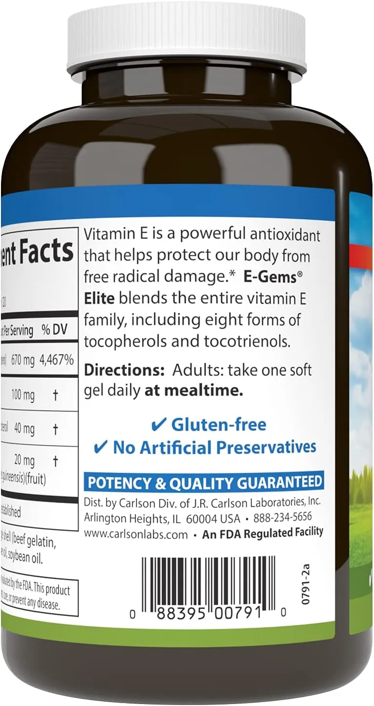 Carlson - E-Gems Elite, 1000 IU Vitamin E with Tocopherols & Tocotrienols, Heart Health & Optimal Wellness, Antioxidant, 120 soft gels