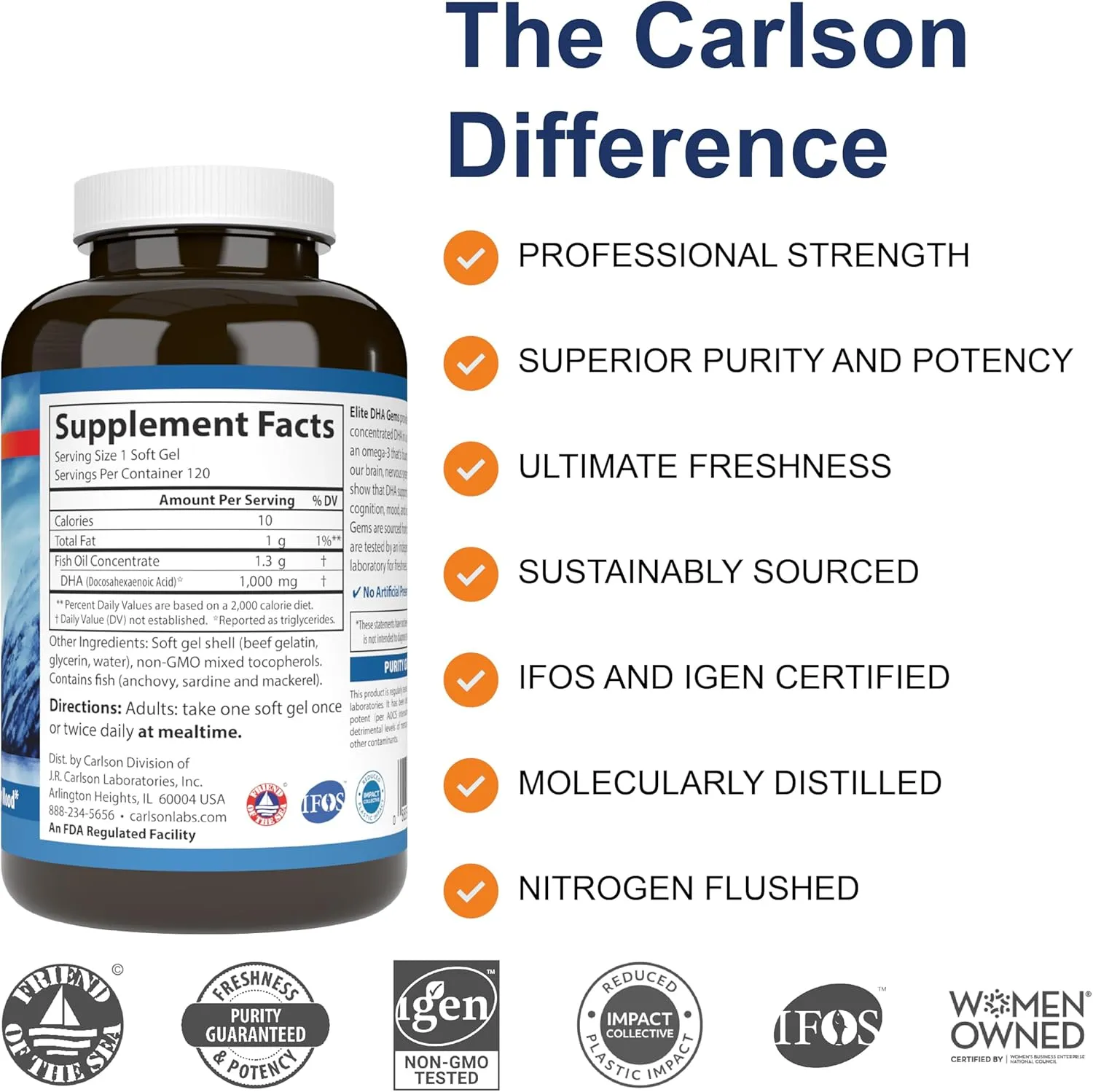 Carlson - Elite DHA Gems, 1000 mg DHA, Wild Caught, Sustainably Sourced, Brain Function & Healthy Vision, 120 Softgels