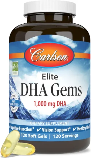 Carlson - Elite DHA Gems, 1000 mg DHA, Wild Caught, Sustainably Sourced, Brain Function & Healthy Vision, 120 Softgels