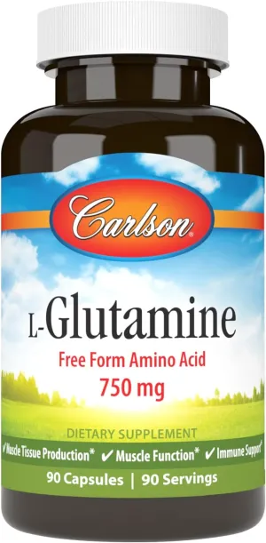 Carlson - L-Glutamine, Free-Form Amino Acid, 750 mg, Muscle Tissue Production, 90 Capsules