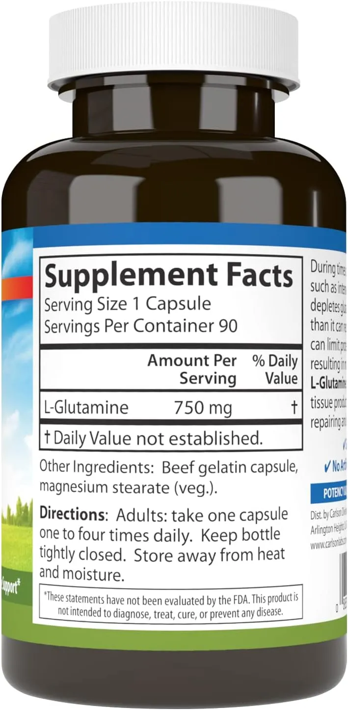 Carlson - L-Glutamine, Free-Form Amino Acid, 750 mg, Muscle Tissue Production, 90 Capsules