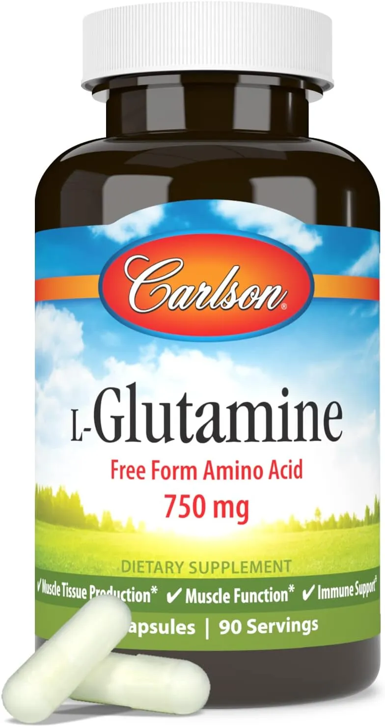 Carlson - L-Glutamine, Free-Form Amino Acid, 750 mg, Muscle Tissue Production, 90 Capsules
