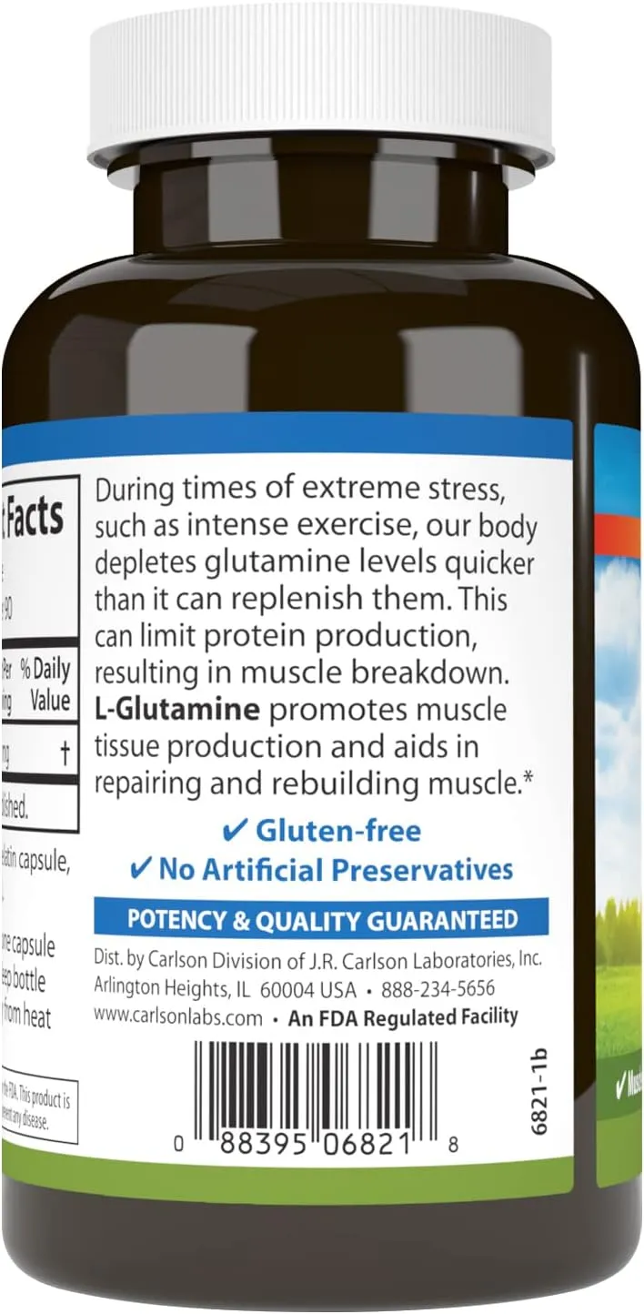 Carlson - L-Glutamine, Free-Form Amino Acid, 750 mg, Muscle Tissue Production, 90 Capsules