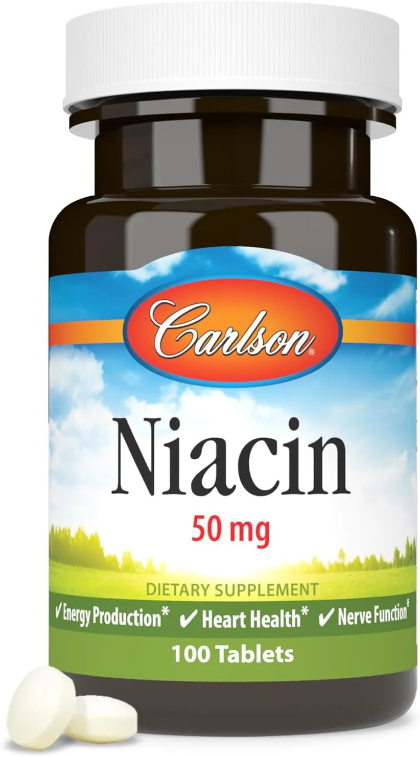 Carlson - Niacin, 50 mg, Supports Cholesterol Metabolism, Energy Production, Heart Health, Nerve Function, 100 Tablets