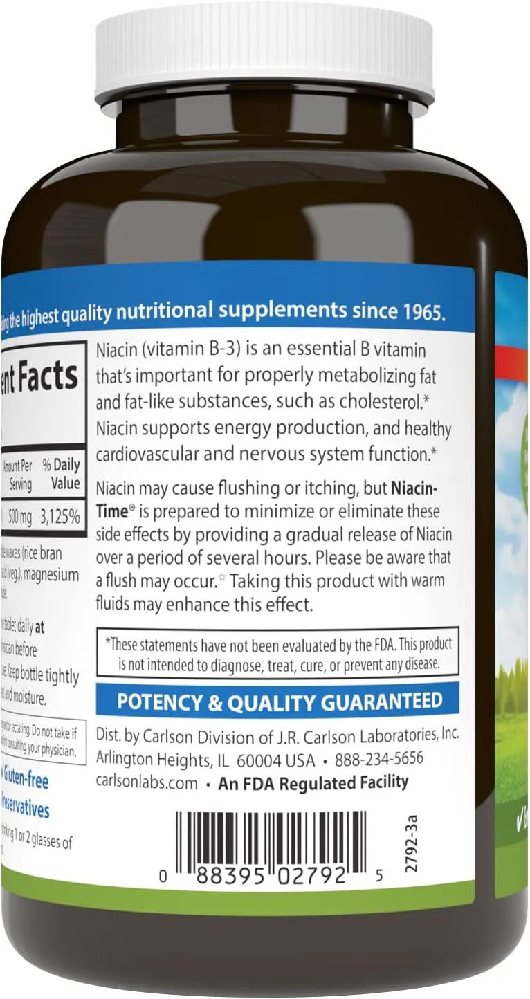 Carlson - Niacin - Time, Time-Release Niacin 500 mg, Energy Production, Heart Health & Nerve Function, 250 Tablets