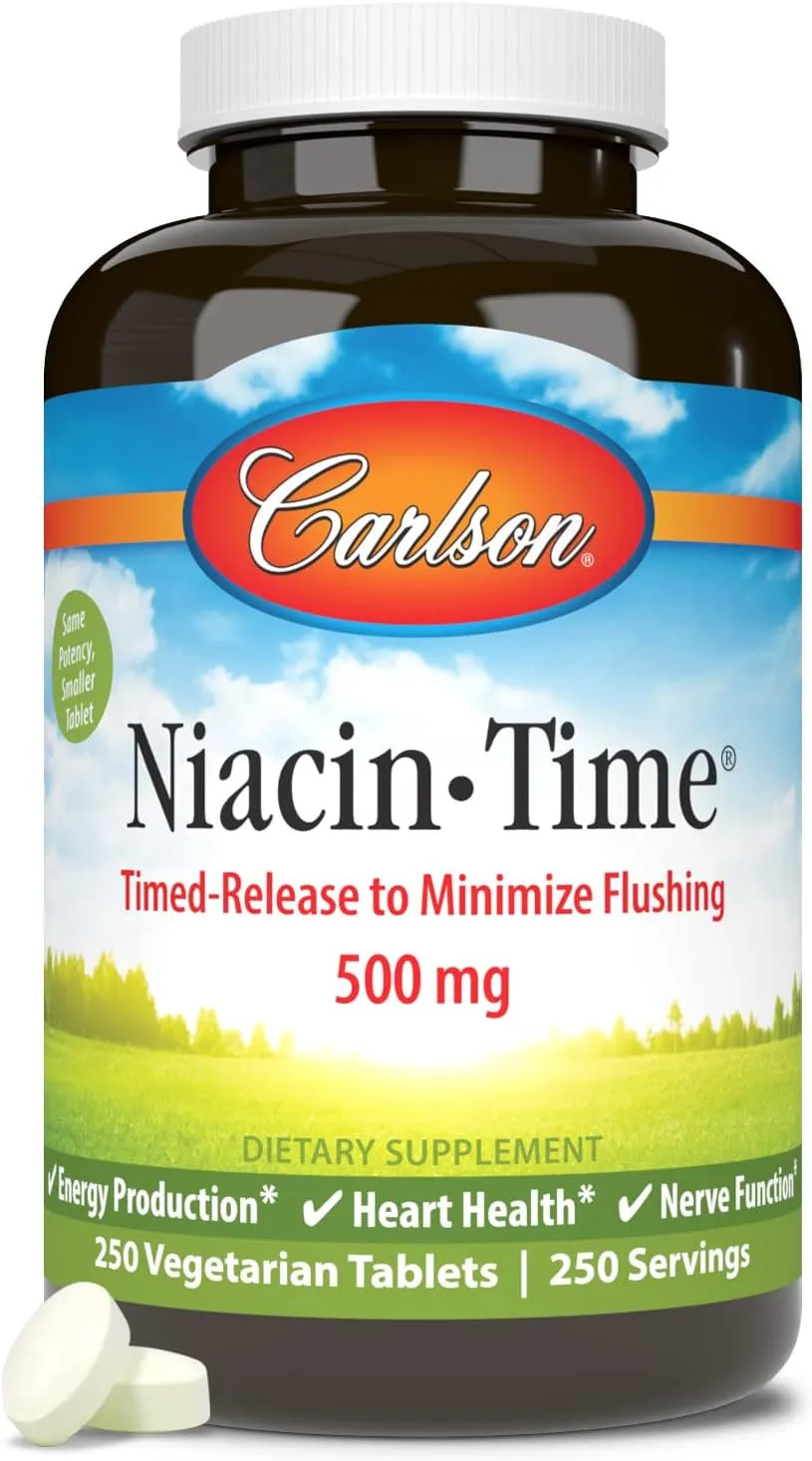 Carlson - Niacin - Time, Time-Release Niacin 500 mg, Energy Production, Heart Health & Nerve Function, 250 Tablets