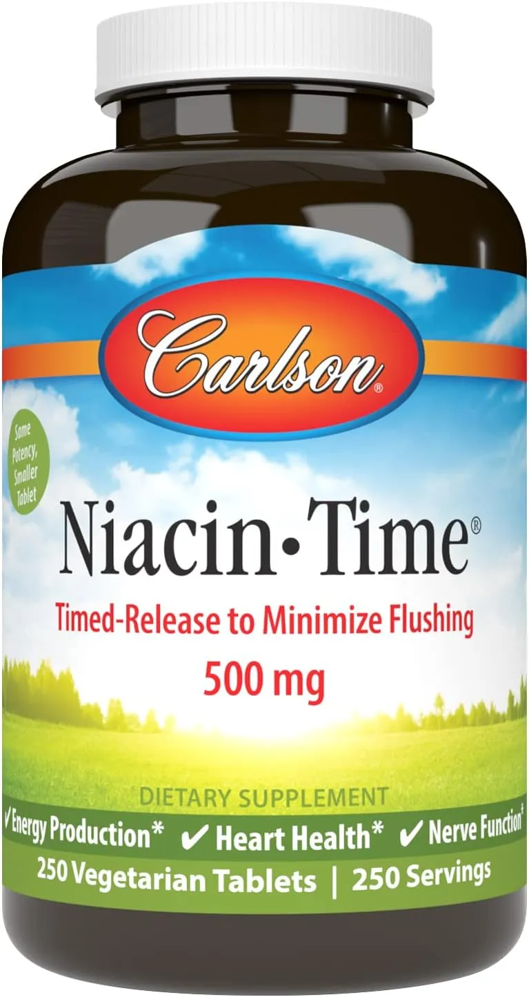 Carlson - Niacin - Time, Time-Release Niacin 500 mg, Energy Production, Heart Health & Nerve Function, 250 Tablets
