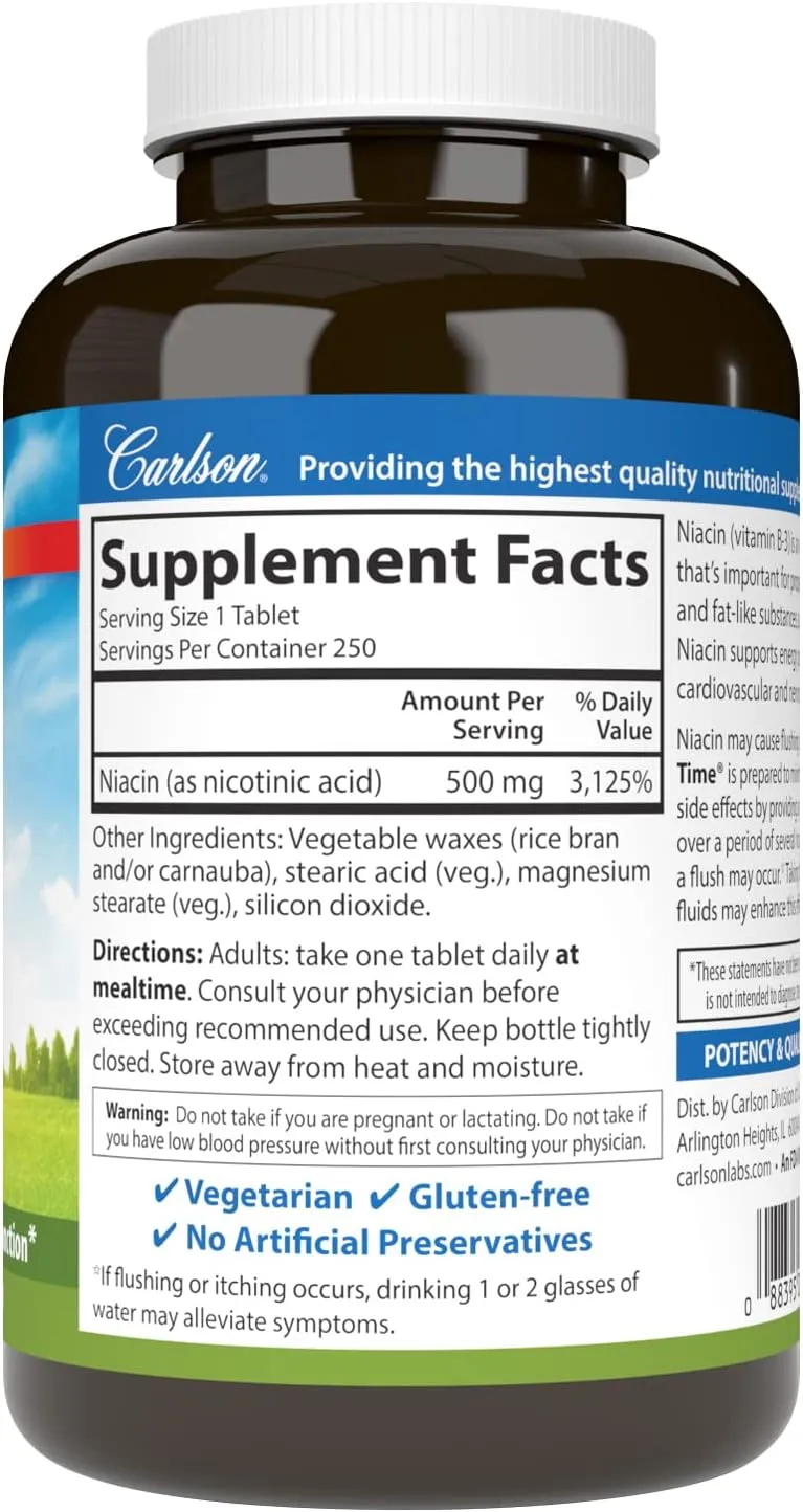 Carlson - Niacin - Time, Time-Release Niacin 500 mg, Energy Production, Heart Health & Nerve Function, 250 Tablets