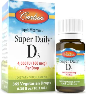 Carlson - Super Daily D3 4,000 IU (100 mcg) per Drop, Vitamin D Drop, Liquid Vitamin D3, 1-Year Supply, Unflavored, 365 Drops (10.3 mL)