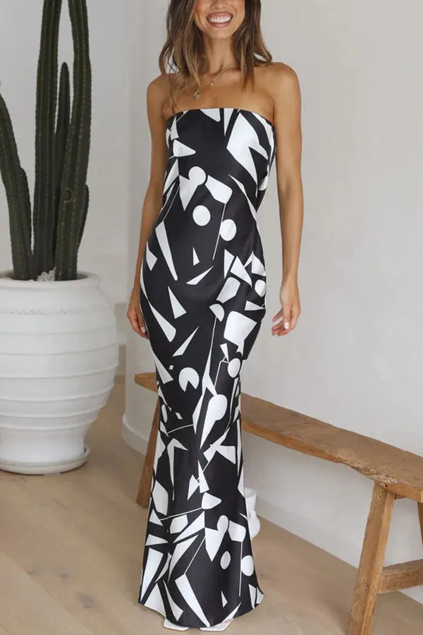 Cassy Satin Geometric Print Off Shoulder Maxi Dress