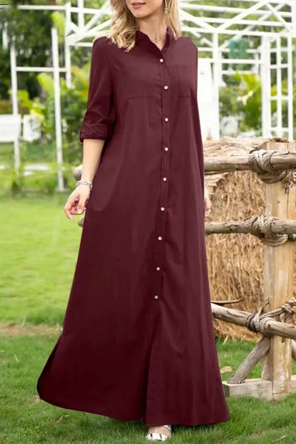 Casual Solid Buttons Mandarin Collar A Line Dresses