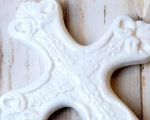 Ceramic ornate white free-standing cross figurine