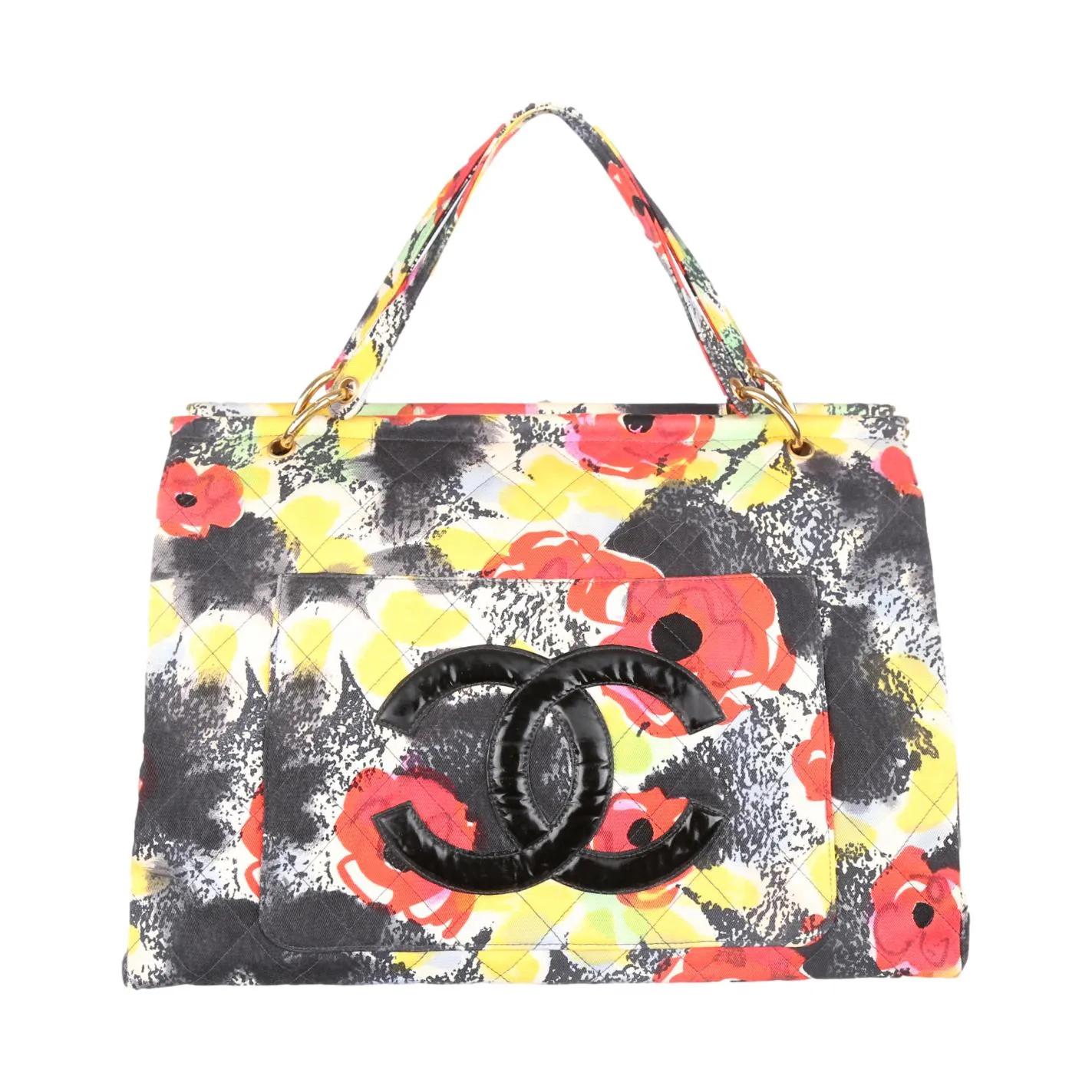 Chanel Black Floral Jumbo Logo Tote