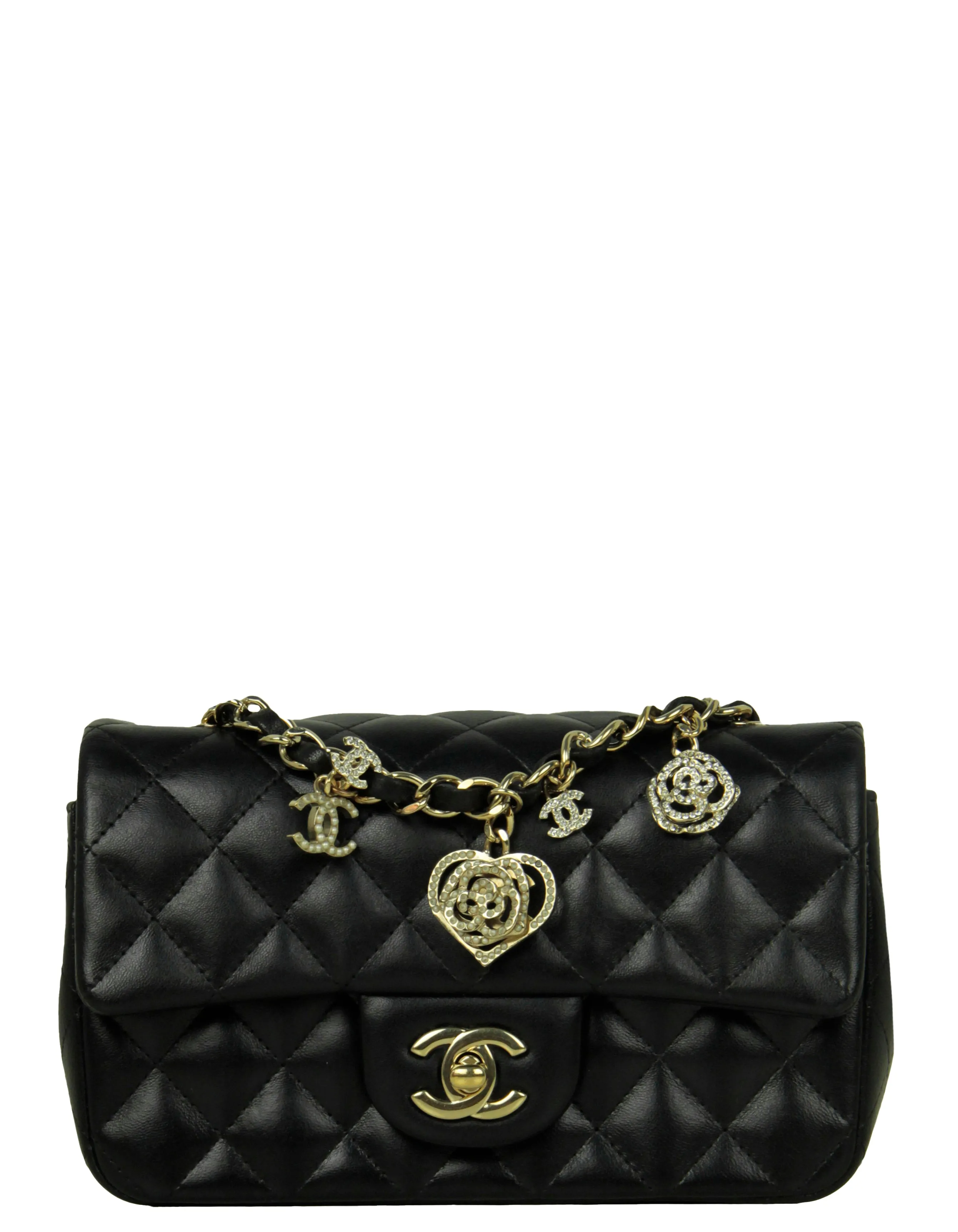 Chanel Black Lambskin Quilted Valentine Charms Mini Rectangular Flap Bag