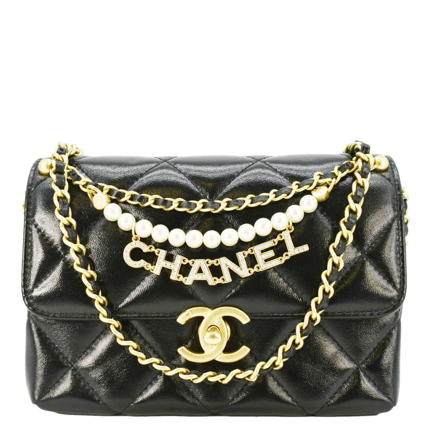 CHANEL CC Pearl Quilted Leather Chain Crossbody Bag Black
