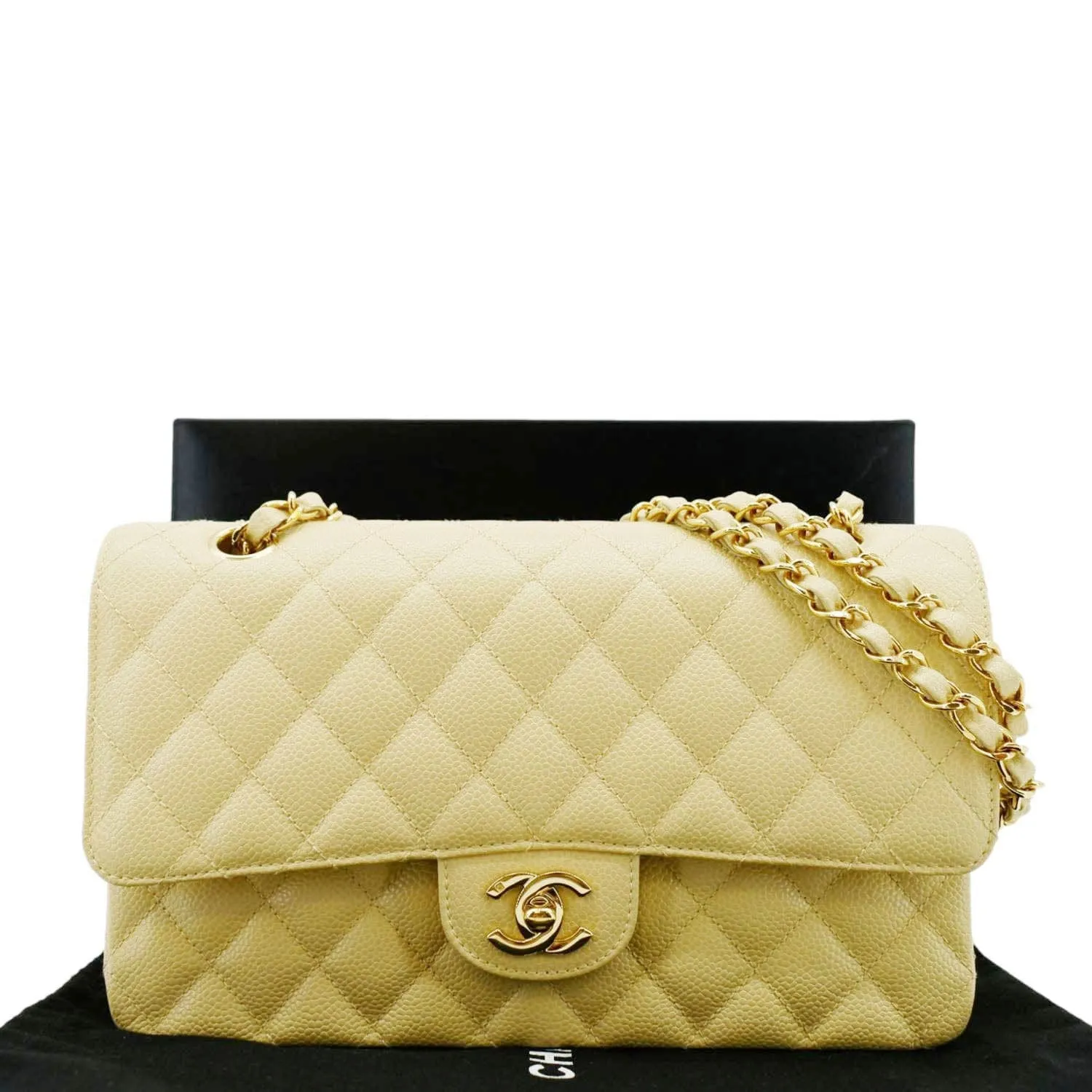 CHANEL Classic Double Flap Quilted Caviar Leather Shoulder Bag Cream