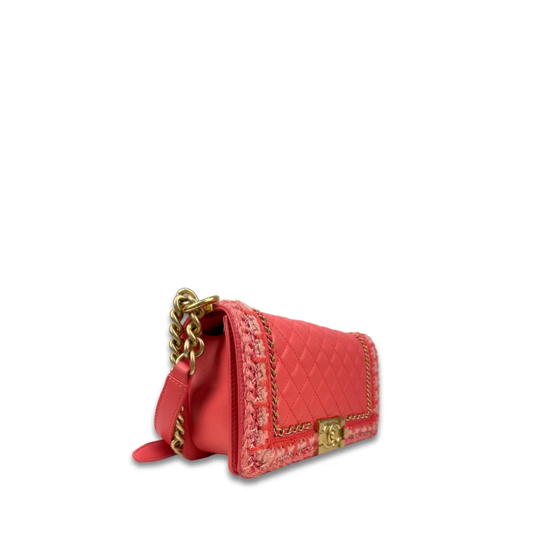 Chanel Coral Braided Tweed Medium Boy Bag