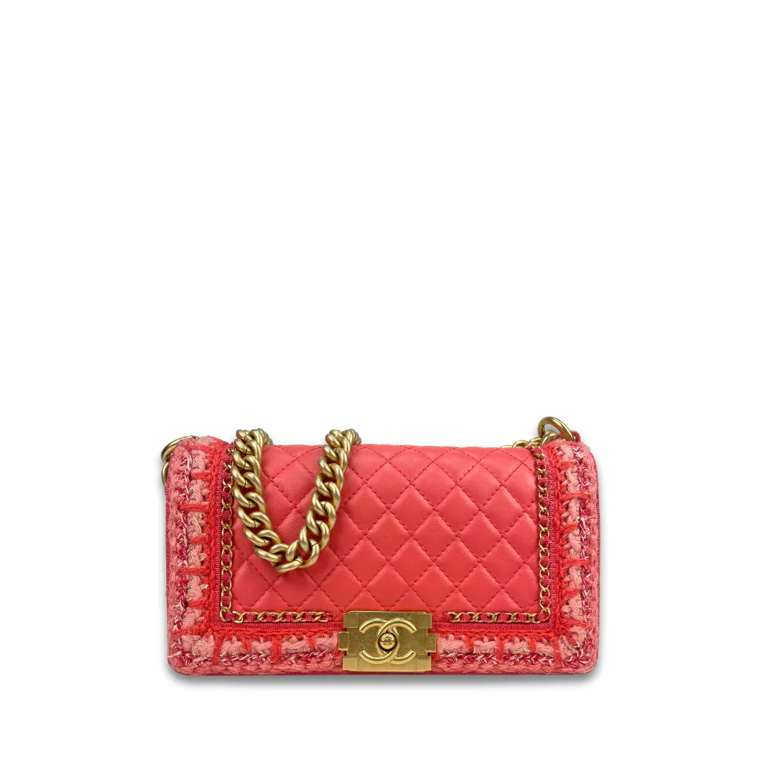 Chanel Coral Braided Tweed Medium Boy Bag