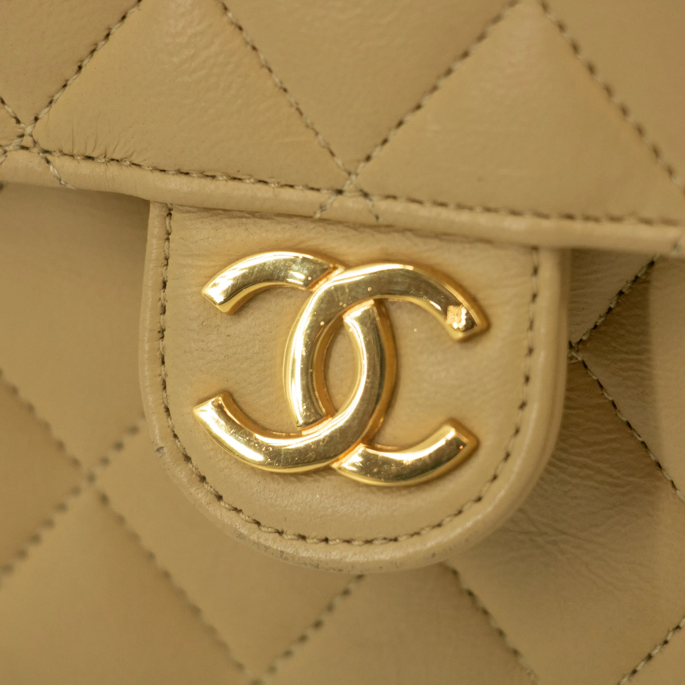 Chanel Lamb Skin Beige Single Flap Gold Hardware Shoulder Bag-#2545