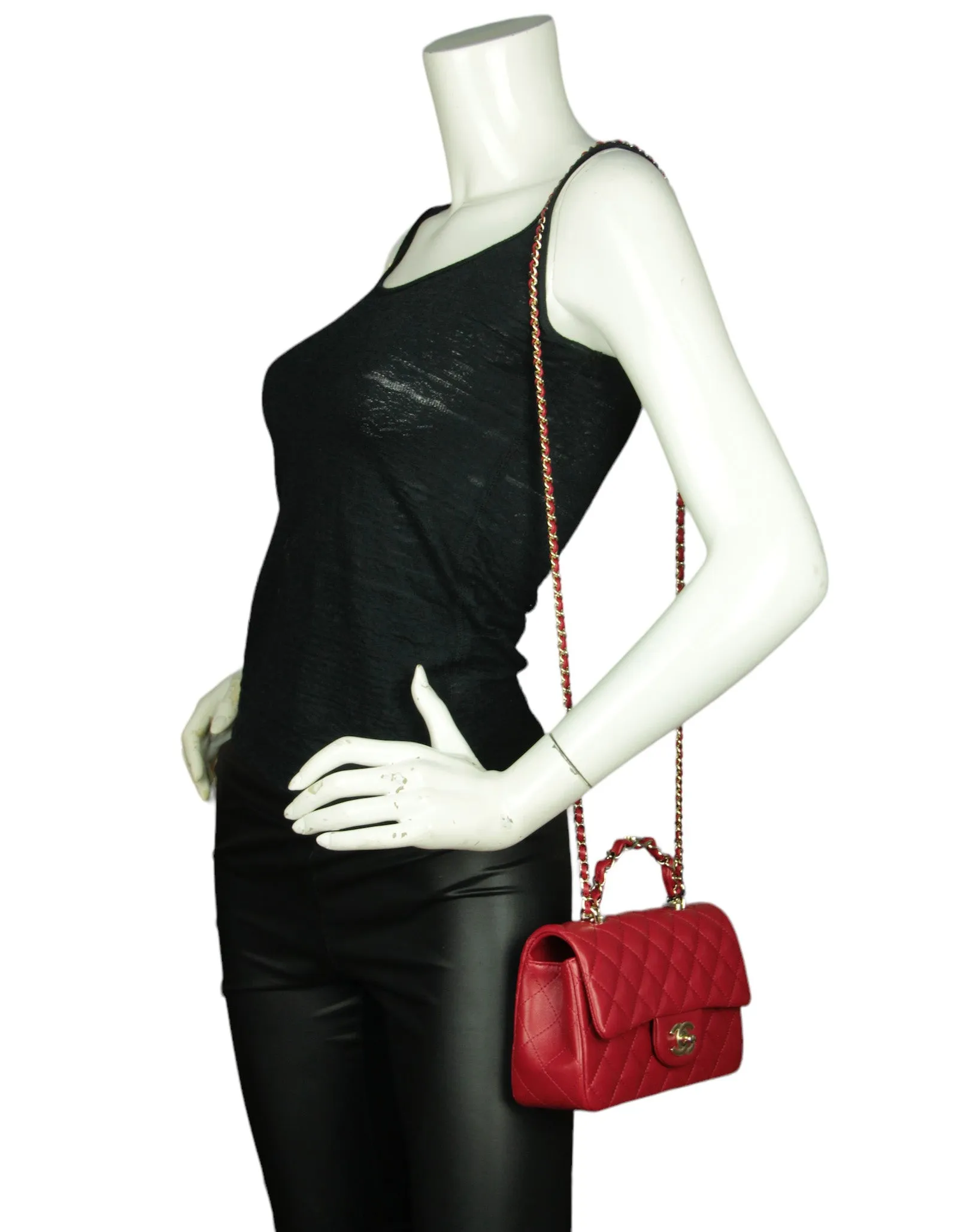 Chanel NWT Red Lambskin Quilted Mini Top Handle Rectangular Flap