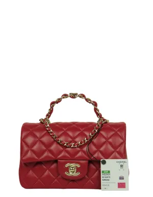 Chanel NWT Red Lambskin Quilted Mini Top Handle Rectangular Flap