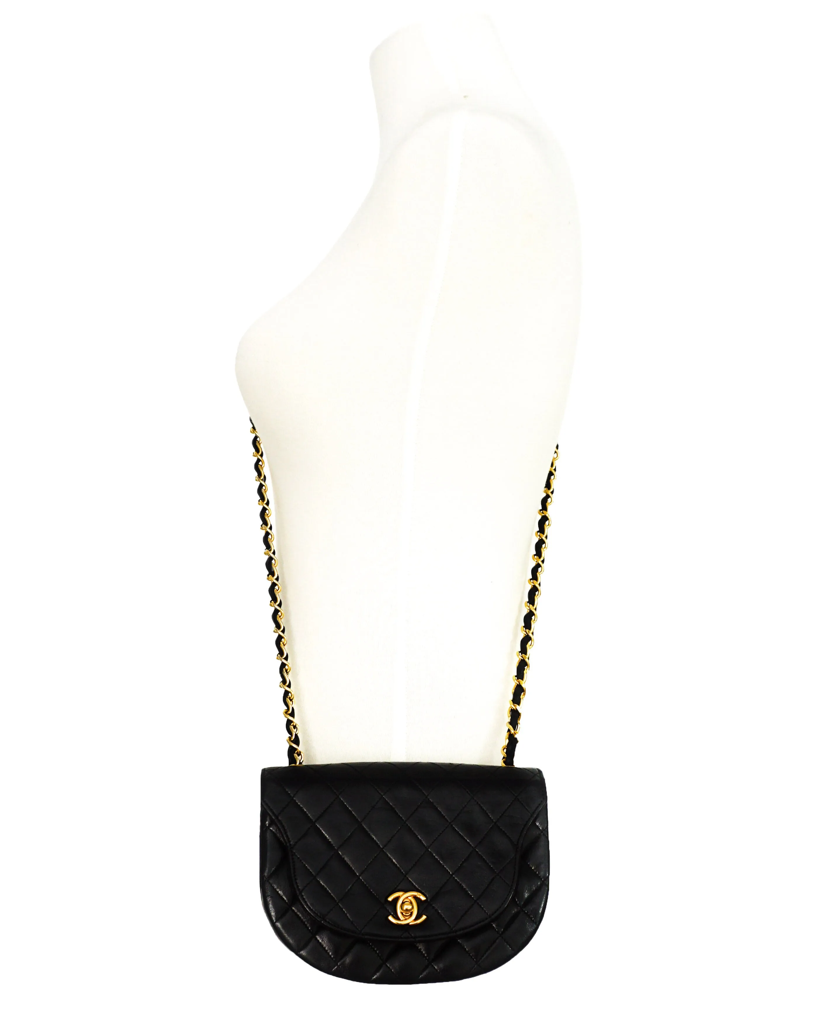 Chanel Vintage Rare Black Lambskin Round Quilted Mini Flap