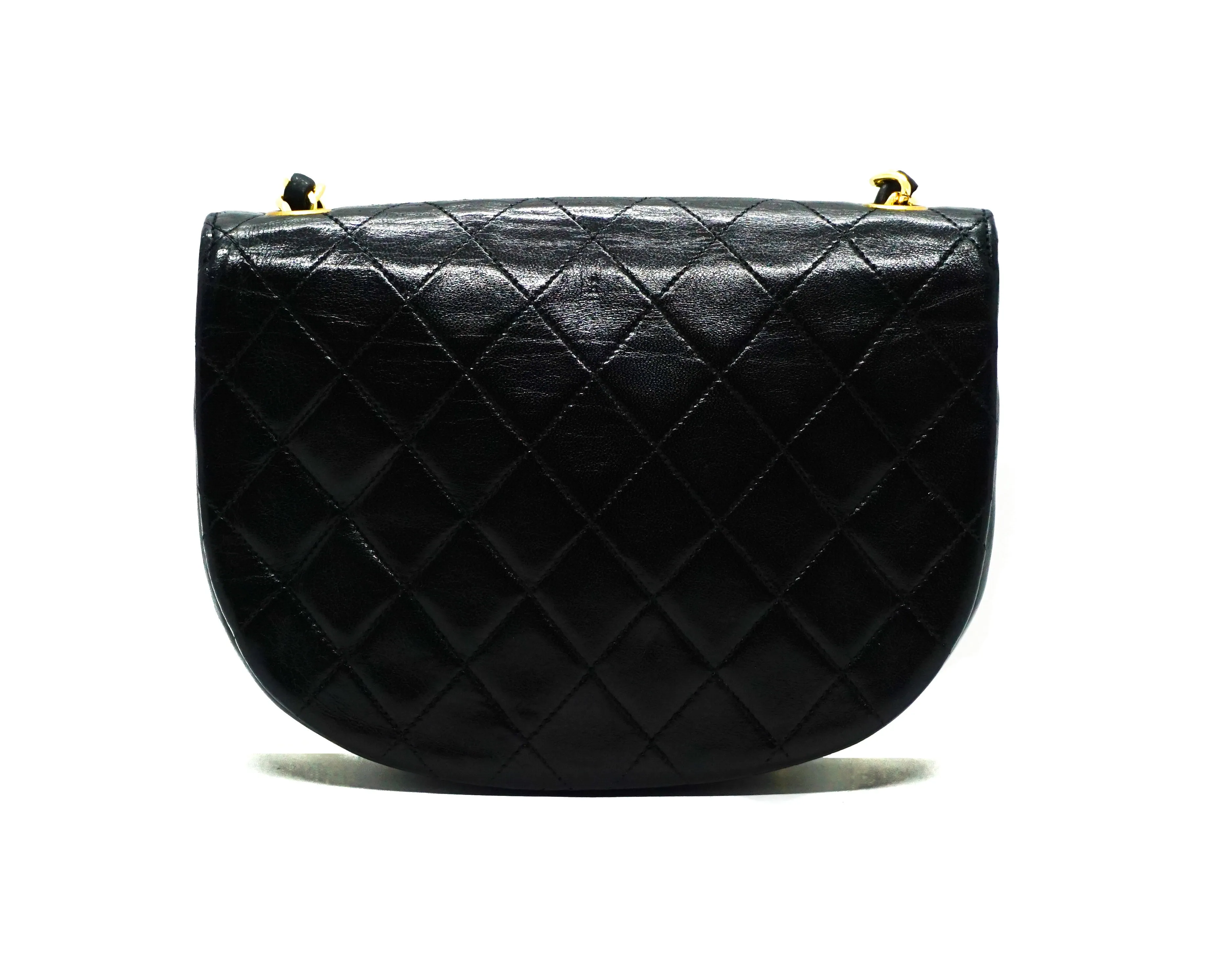 Chanel Vintage Rare Black Lambskin Round Quilted Mini Flap