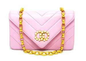 Chanel Vintage Rare Pink Lambskin Chevron Pearl Mini Flap