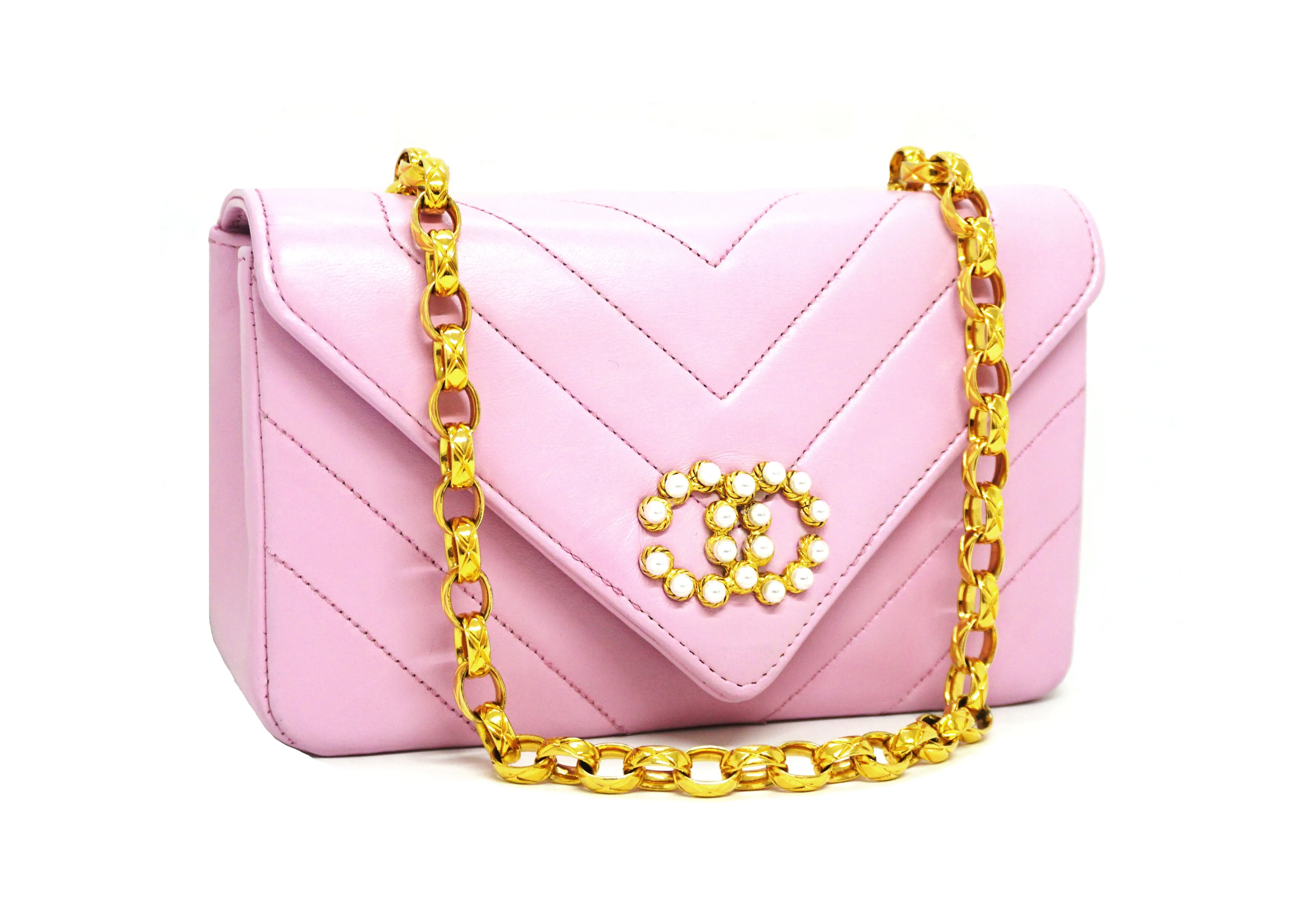 Chanel Vintage Rare Pink Lambskin Chevron Pearl Mini Flap