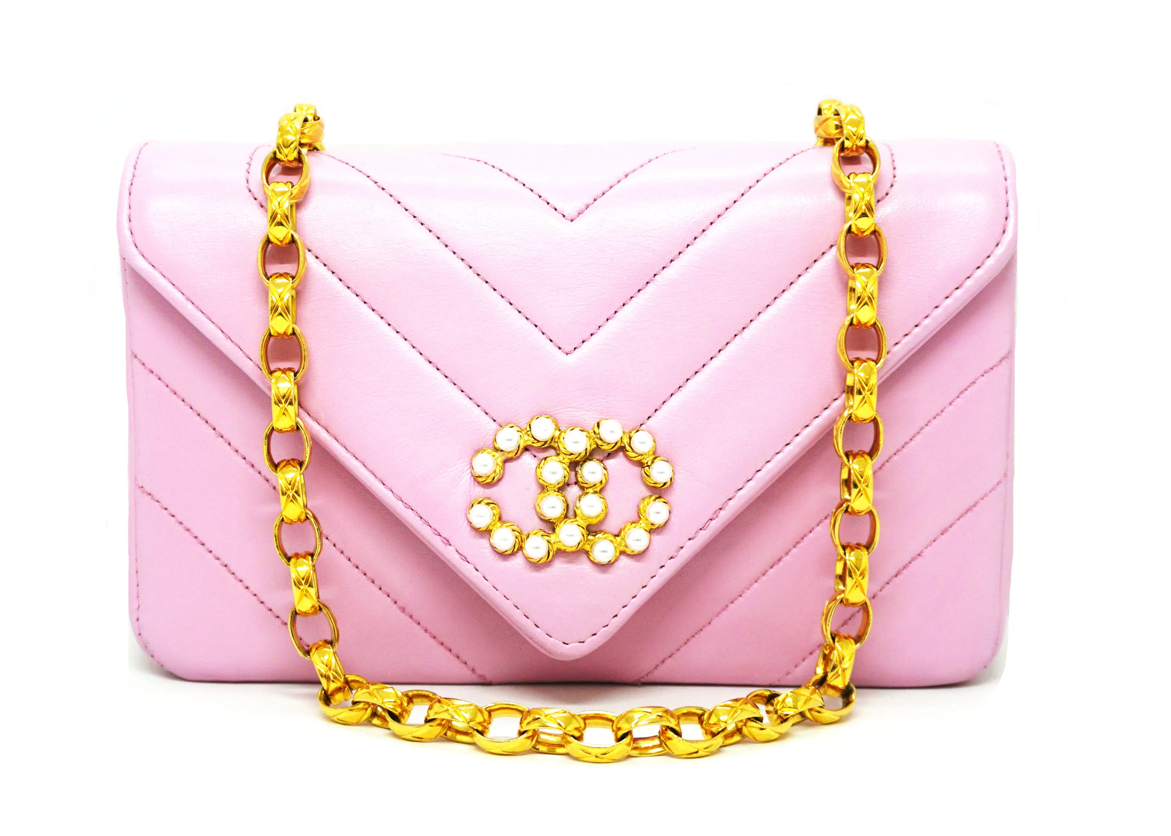 Chanel Vintage Rare Pink Lambskin Chevron Pearl Mini Flap