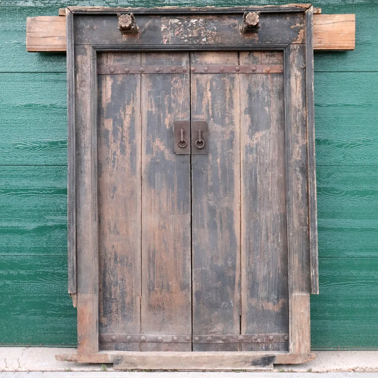 Chinese Shanxi Province Elm Double Door, Frame and Stone Bases