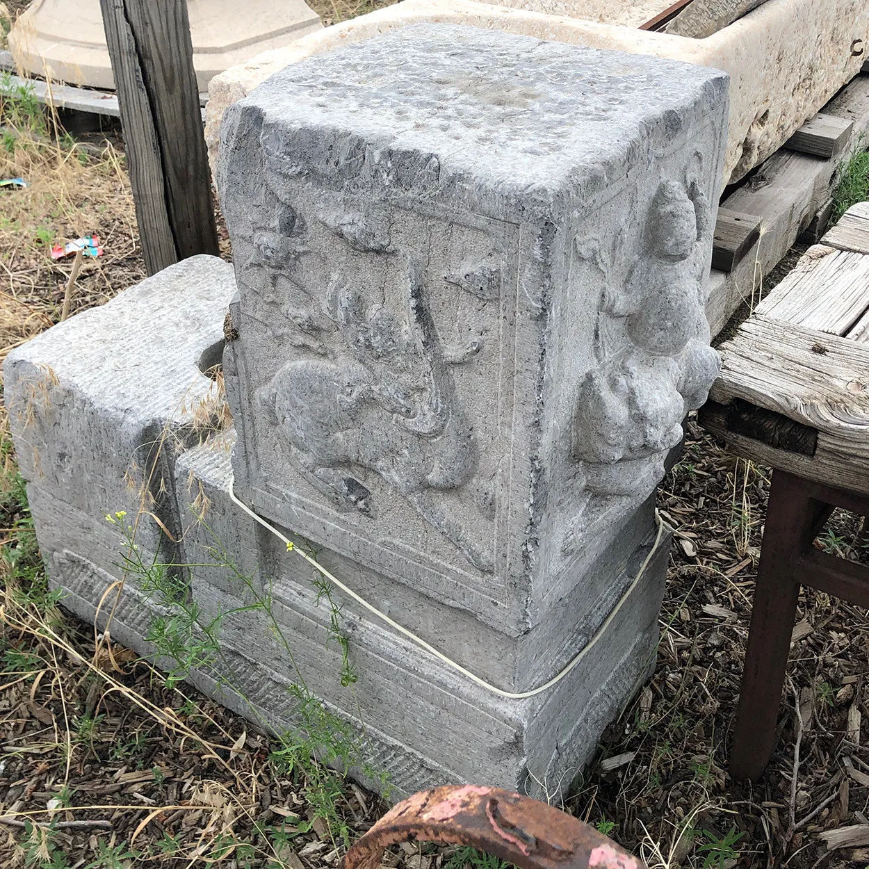 Chinese Shanxi Province Elm Double Door, Frame and Stone Bases