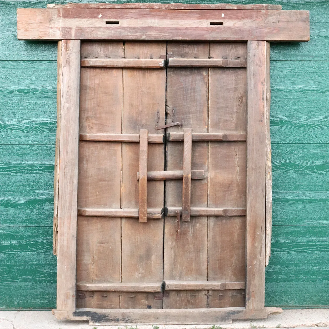 Chinese Shanxi Province Elm Double Door, Frame and Stone Bases