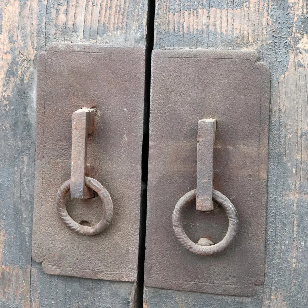 Chinese Shanxi Province Elm Double Door, Frame and Stone Bases