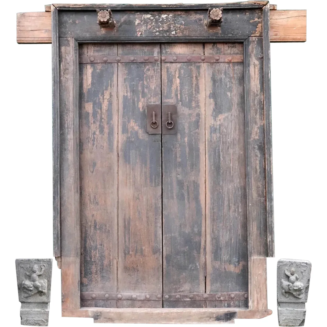 Chinese Shanxi Province Elm Double Door, Frame and Stone Bases