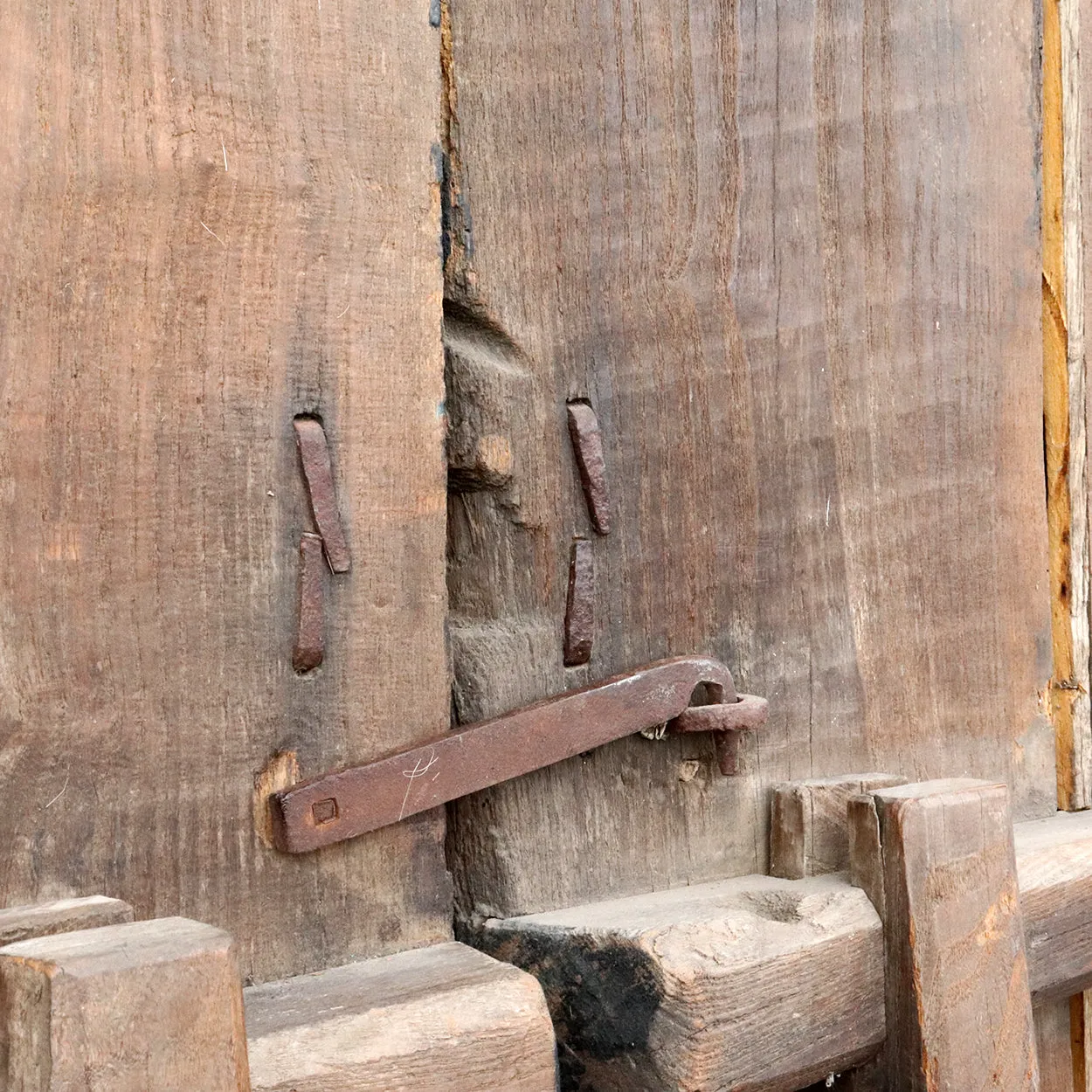 Chinese Shanxi Province Elm Double Door, Frame and Stone Bases