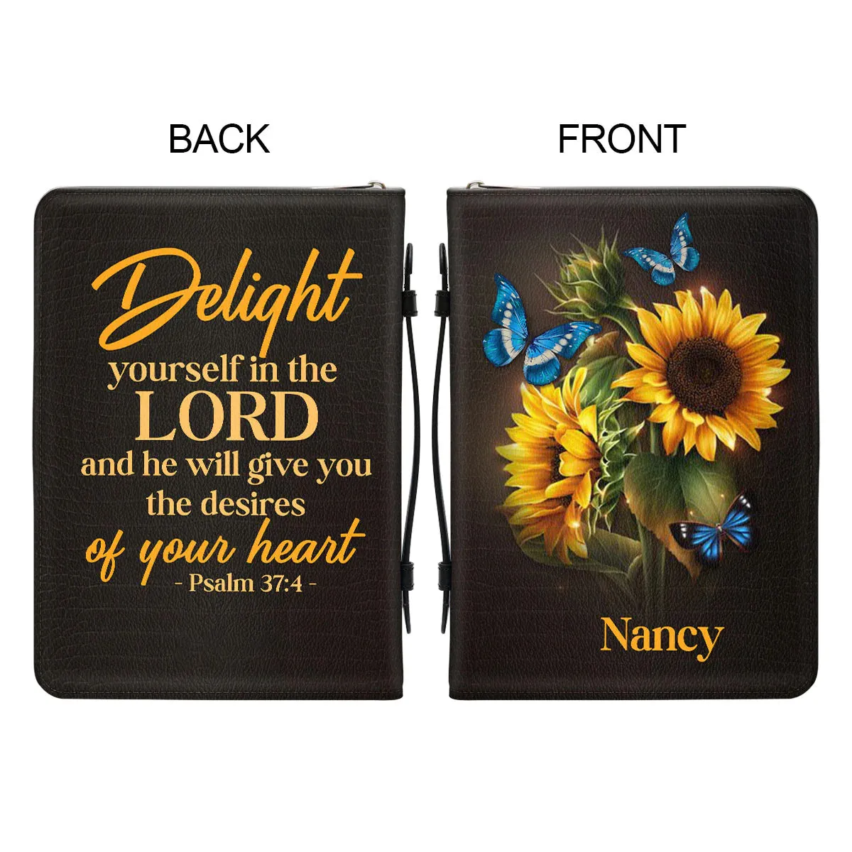 Christianart Bible Cover, Personalized Sunflower and Butterfly Leather Bible Cover - Psalm 37:4,