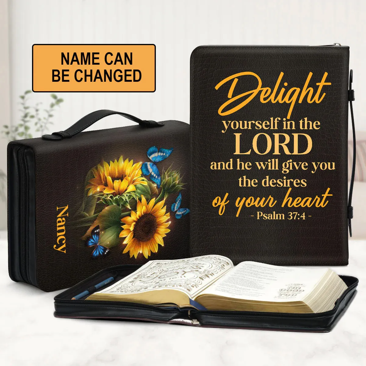 Christianart Bible Cover, Personalized Sunflower and Butterfly Leather Bible Cover - Psalm 37:4,