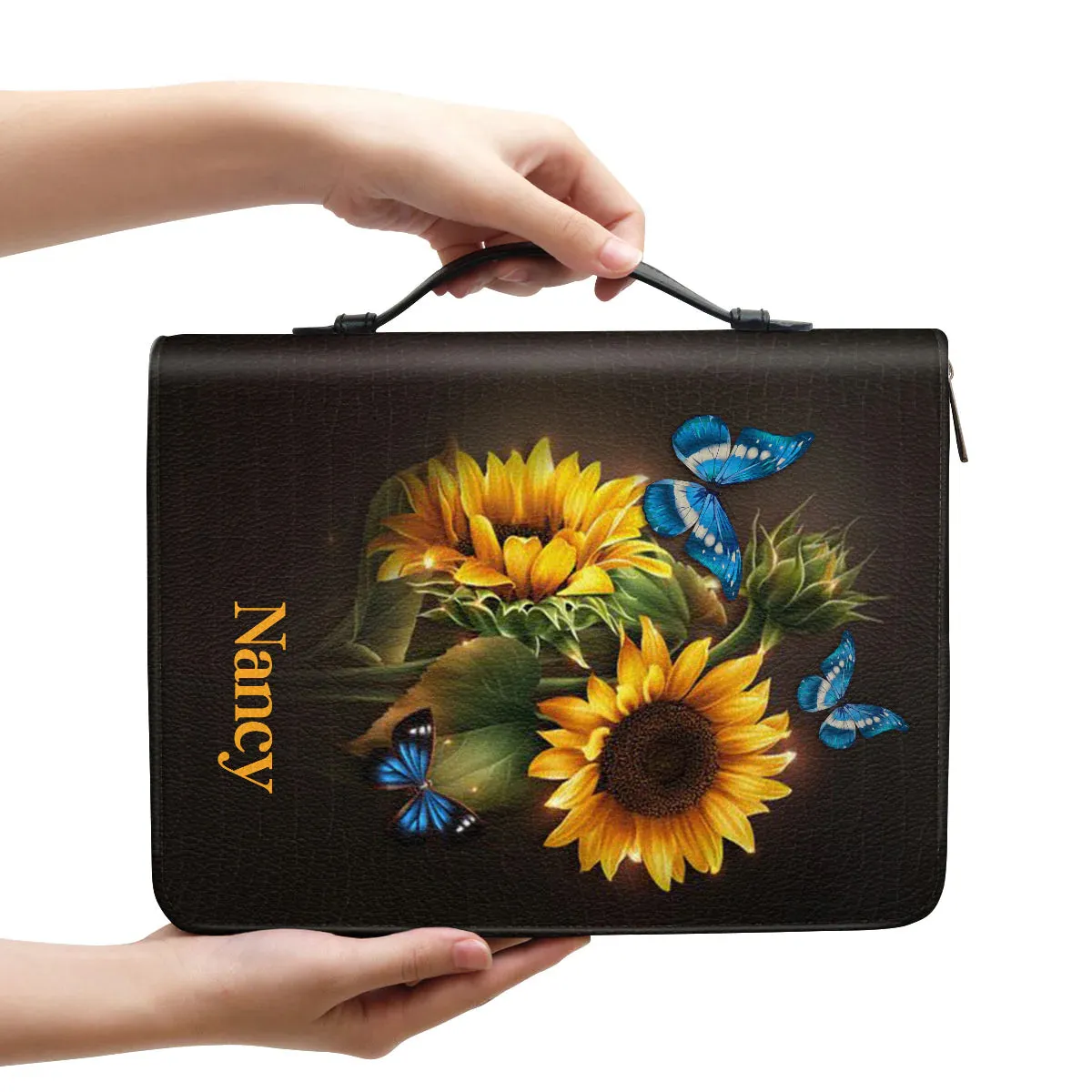 Christianart Bible Cover, Personalized Sunflower and Butterfly Leather Bible Cover - Psalm 37:4,