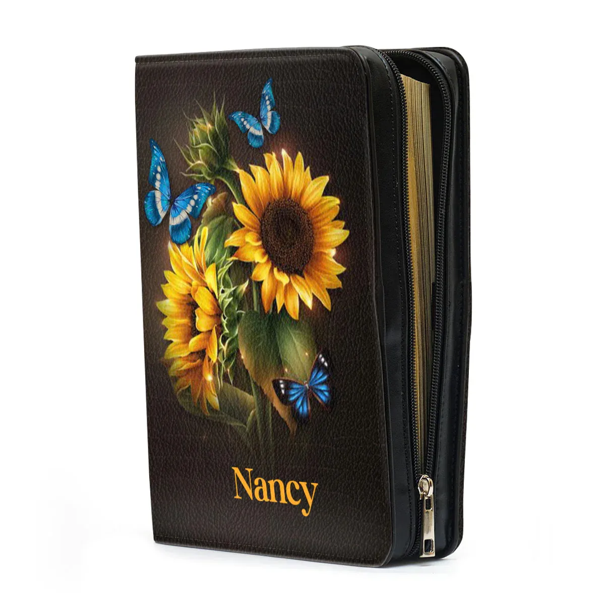 Christianart Bible Cover, Personalized Sunflower and Butterfly Leather Bible Cover - Psalm 37:4,