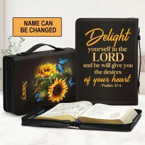 Christianart Bible Cover, Personalized Sunflower and Butterfly Leather Bible Cover - Psalm 37:4,