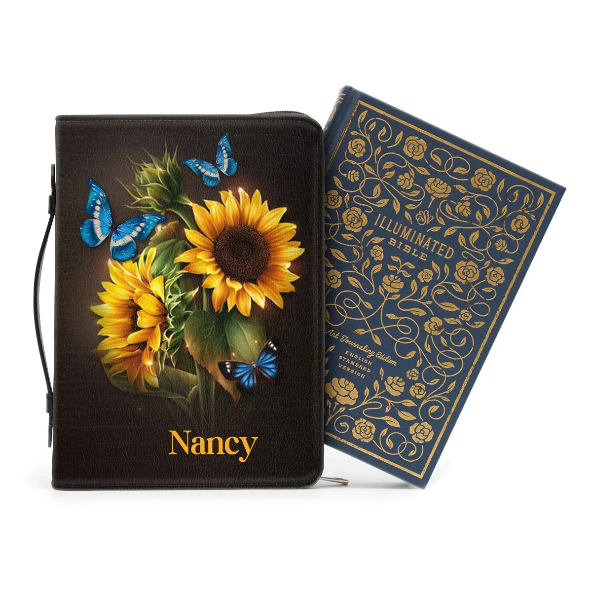 Christianart Bible Cover, Personalized Sunflower and Butterfly Leather Bible Cover - Psalm 37:4,