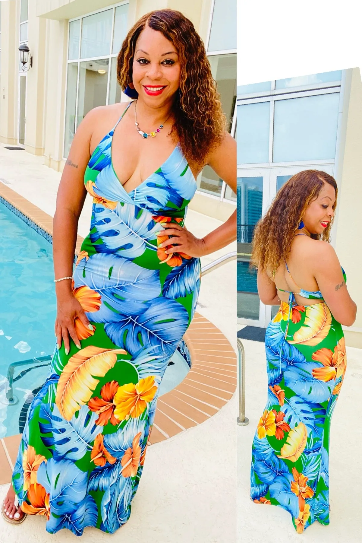 CLEARANCE!  Stunning Blue Big Leaf Maxi Dress!