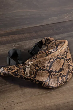 CORRINNE SNAKE PRINT FANNY PACK BROWN
