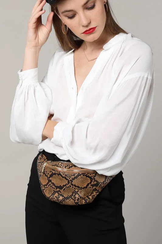 CORRINNE SNAKE PRINT FANNY PACK BROWN