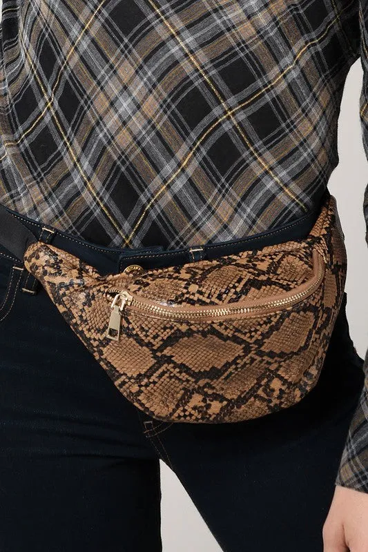 CORRINNE SNAKE PRINT FANNY PACK BROWN