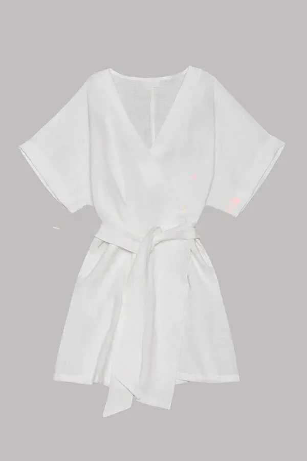 Cotton Linen Blend Pocketed Belt Kimono Mini Dress